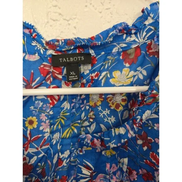 Talbots Blue Tank Top Floral Sleeveless Shirt Lightweight 100% Cotton XL - Picture 2 of 5
